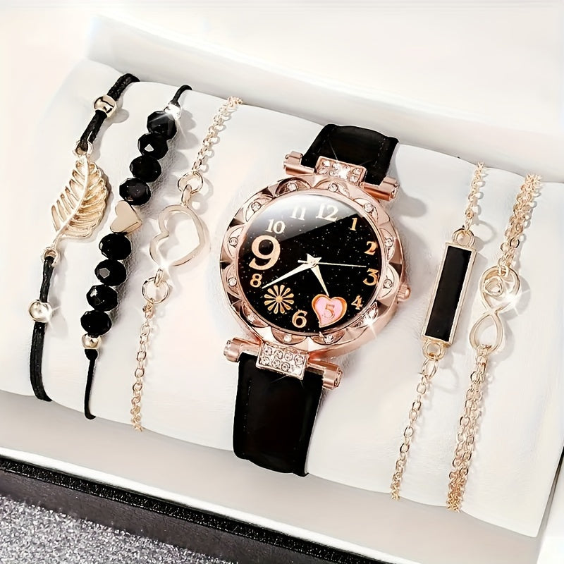 6pcs Elegant Flower Watch Rhinestone Quartz Watch Analog PU Leather Wrist Watch & Bracelets, Gifts for Women Her